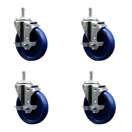 Service Caster 5'' Solid Poly Swivel 7/16'' Grip Ring Stem Caster Set with Brake, 4PK SCC-GR20S514-SPUS-TLB-716138-4